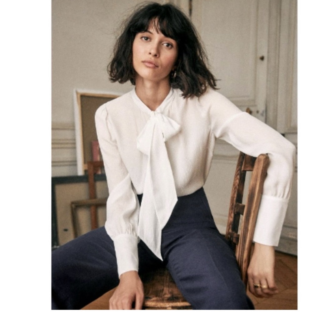 Sezane White Blouse with Bow Detail